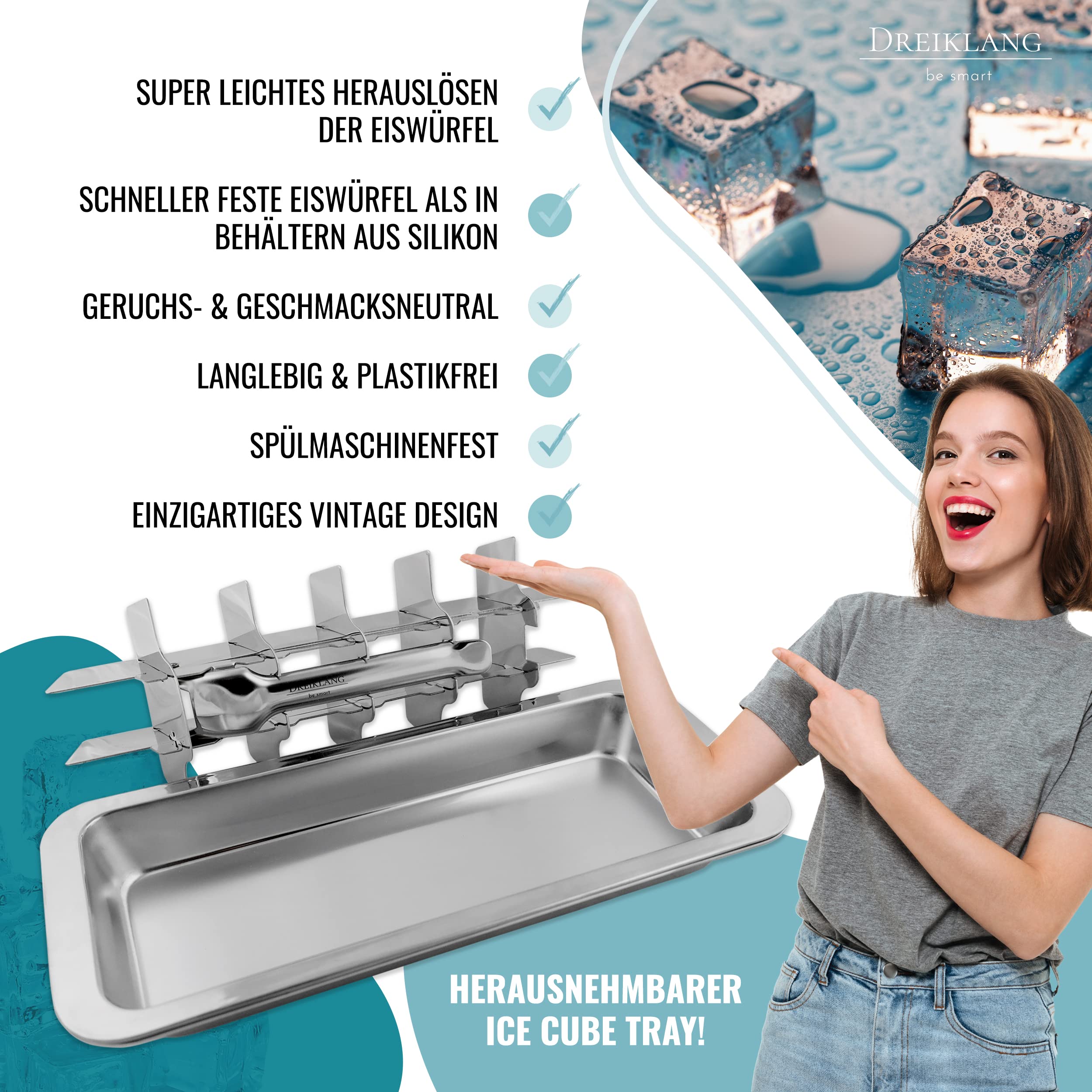 Dreiklang - be smart® Polierte 18/8 Edelstahl Eiswürfelform mit Hebeleinsatz für müheloses Entnehmen I Lebensmittelechte & langlebige Retro Eiswürfel-Form I Plastikfreie Eiswürfelform groß