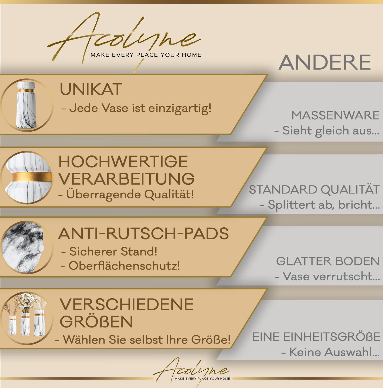 𝐀𝐜𝐨𝐥𝐲𝐧𝐞® Vase für Pampasgras aus Hochwertiger Keramik [MIT REINIGUNGSSCHWAMM & EBOOK] als Moderne Blumenvase in Weiß-Gold | Bodenvase Groß in Marmor-Optik | Vase Weiß