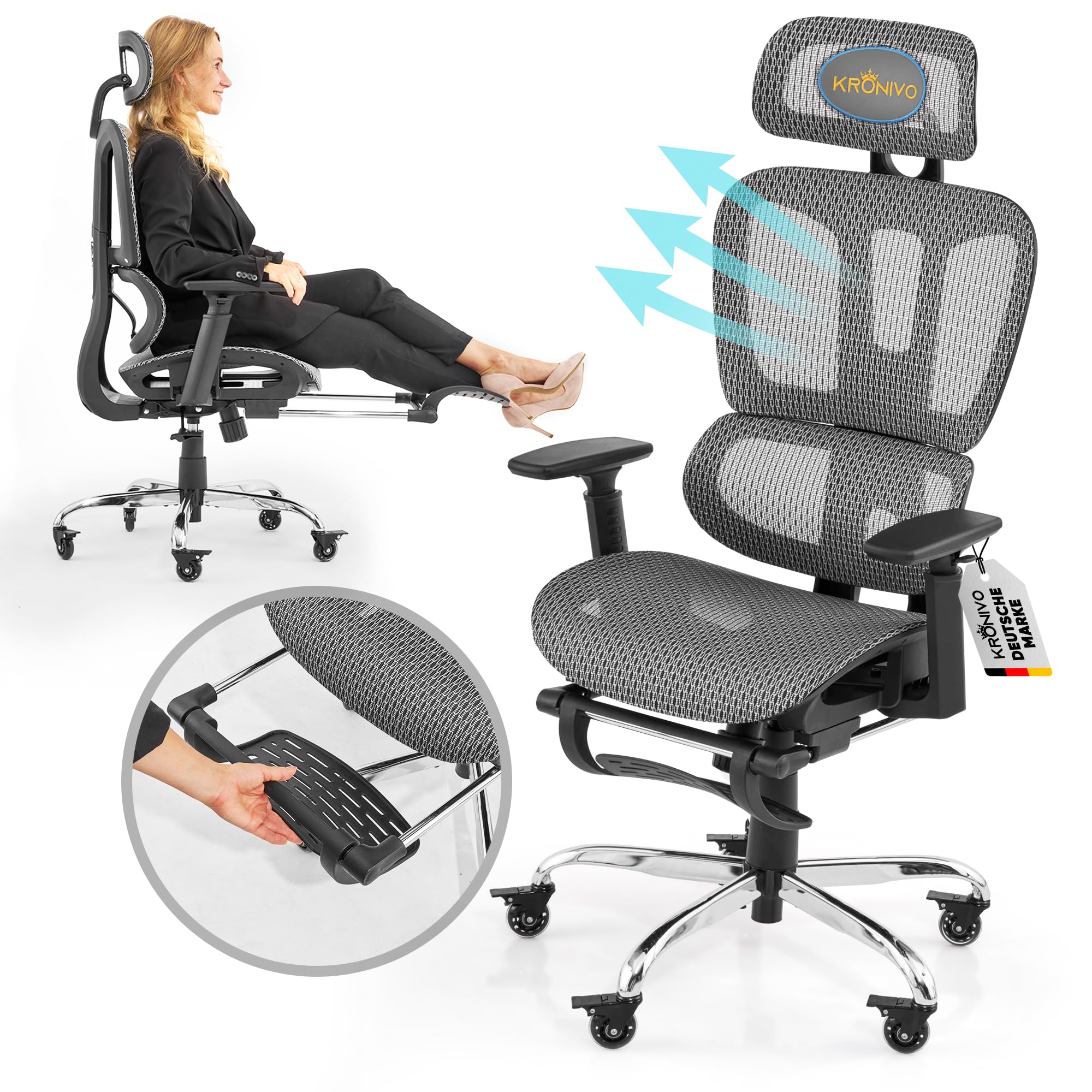 KRONIVO Bürostuhl Ergonomisch, Schreibtischstuhl mit Fußstütze | Office Chair Ergonomic mit Kopfstütze Armlehnen Lendenwirbelstütze | Schreibtisch Stuhl mit Rollen rückenschonend bis 200kg