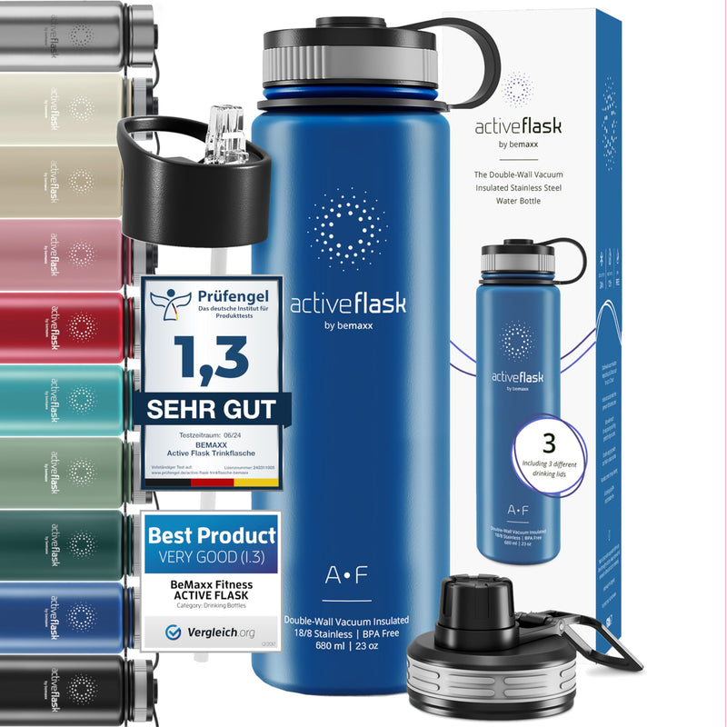 Trinkflasche Edelstahl ACTIVE FLASK + Strohhalm (3 Deckel) BPA-frei, Auslaufsicher, Kohlensäure geeignet - Wasserflasche Fahrrad Thermosflasche Isoliert Isolierflasche Sport Wasser Flasche Kinder Tee