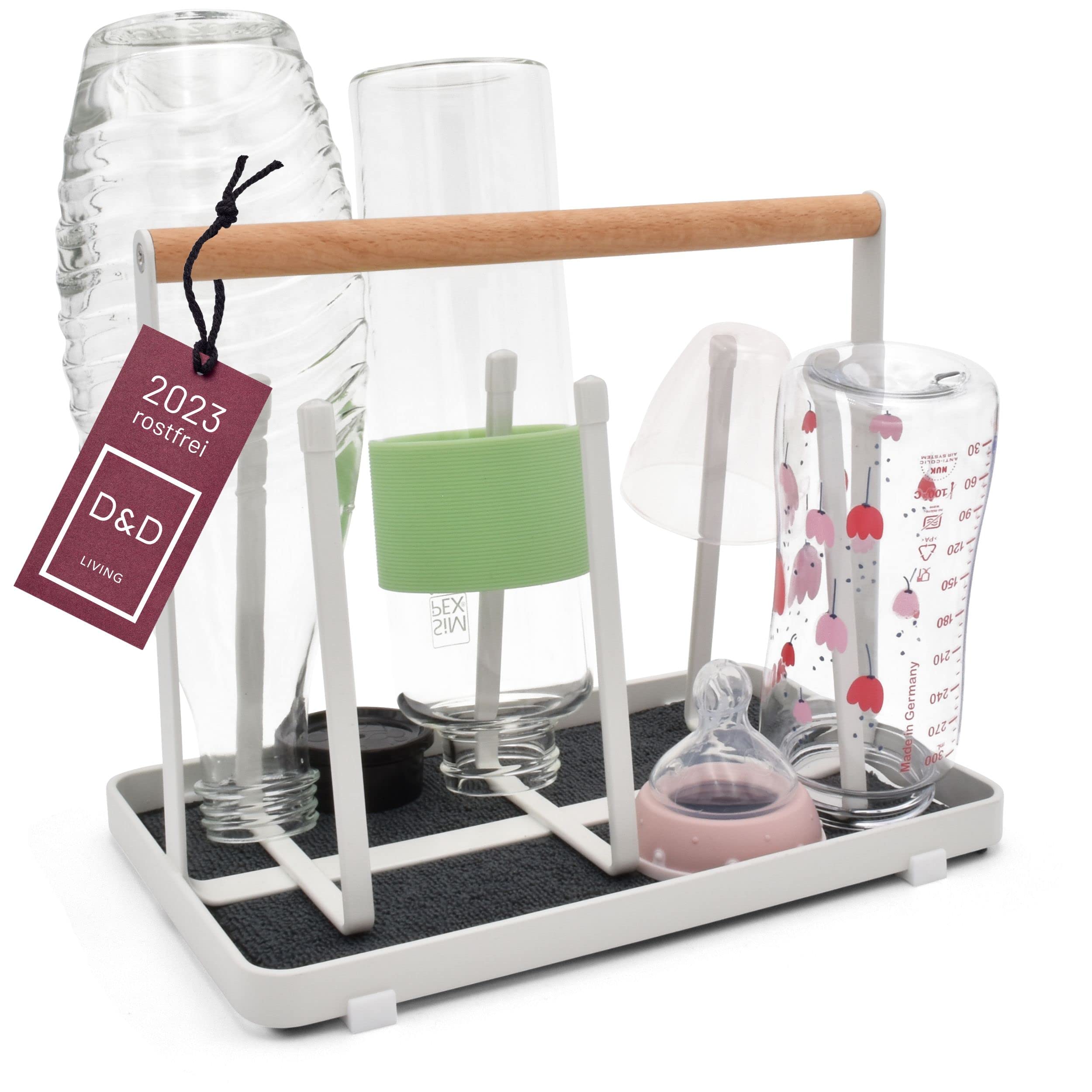 D&D Living® All-in-One Flaschenhalter für SodaStream - Abtropfgestell für Flaschen Aller Art: Duo/Crystal/Easy, Trink- und Babyflaschen - Universal-Trockenständer (Metall, Weiß)