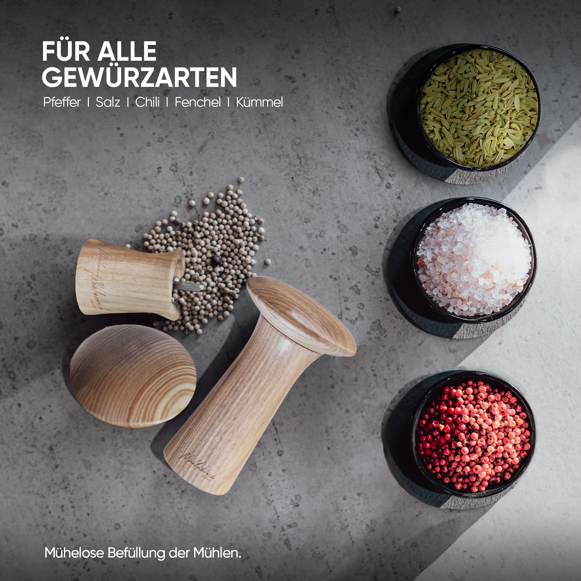 Mühlenbruch Design Salz und Pfeffermühle FSC HOLZ 15cm - 2er Set mit Pfeffer und Salzmühle - Manuelle Gewürzmühle Keramikmahlwerk - Küchenhelfer Geschenkidee Weihnachten - Esche - Pilzform Deko