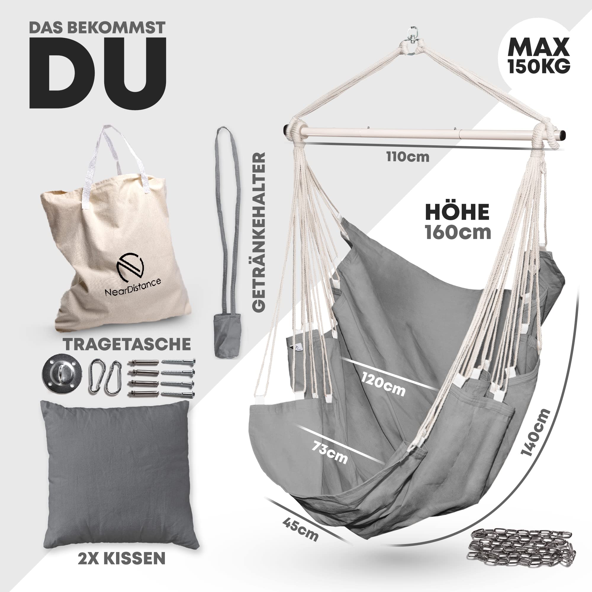 NearDistance® Hängesessel Unity mit Montageset, Hängestuhl Indoor Outdoor, Hängesessel ohne Gestell, Hängeschaukel für Erwachsene & Kinder, mit Fußablage & Kissen (Light-Grey MIT Montageset)