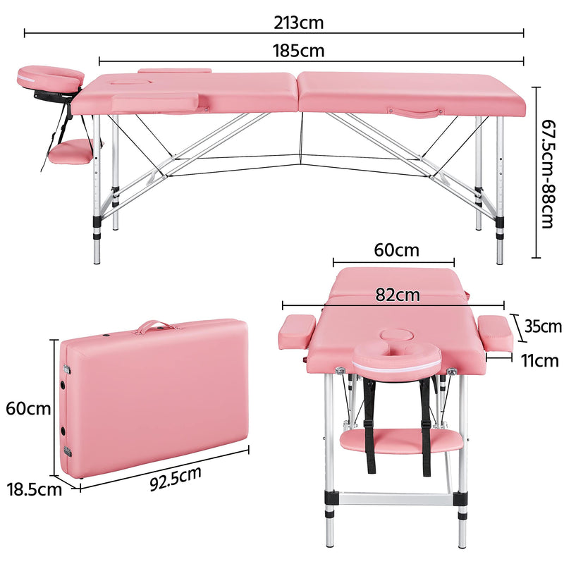 Yaheetech Mobile Aluminium Massageliege Höhenverstellbar 2-Zonen Massagebett mit Kopfstütze & Armlehnen & Tasche, Hellrosa