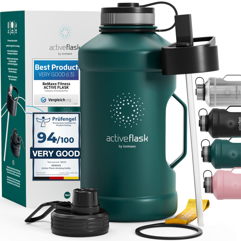 BeMaxx Trinkflasche Edelstahl ACTIVE FLASK + Strohhalm (3 Deckel) | Große 2,2 Liter Sportflasche BPA-frei Auslaufsicher Kohlensäure geeignet, 2l XL Wasserflasche Sport Outdoor Fitness Wasser Flasche