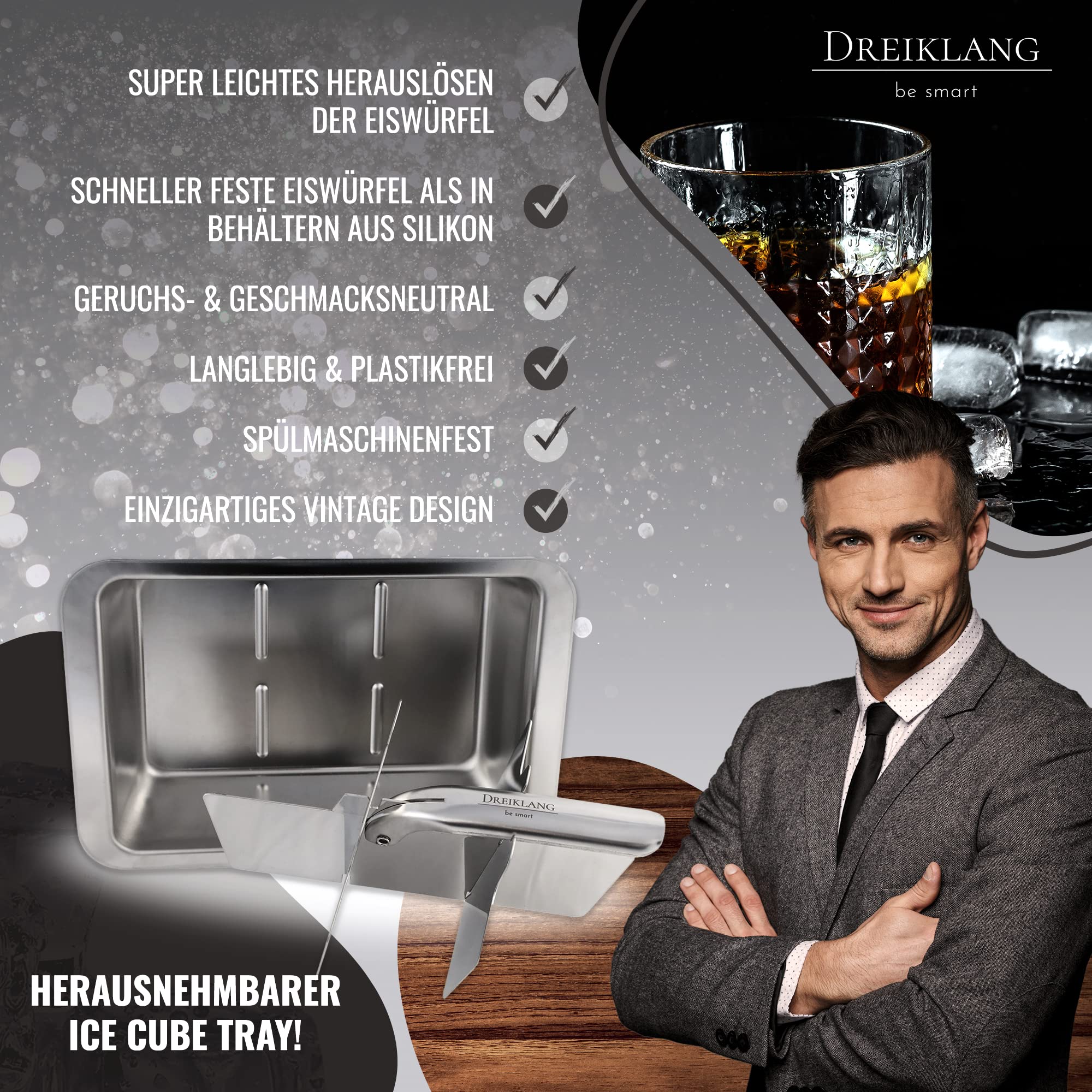 Dreiklang - be smart® 18/8 Edelstahl XXL Eiswürfelform für Whiskey mit Hebeleinsatz für müheloses Entnehmen I Poliert I Lebensmittelecht & Langlebig Cocktail Longdrinks I Alternative zu Eissteinen