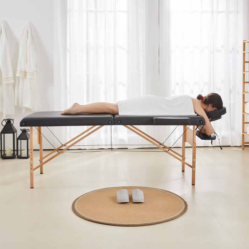 Yaheetech Mobile Massagelige 2 Zonen Massagetisch mit Holzfüßen und Tragetasche Höhenverstellbare Massagebank Klappbare Kosmetikliege 70 cm Breit, Schwarz