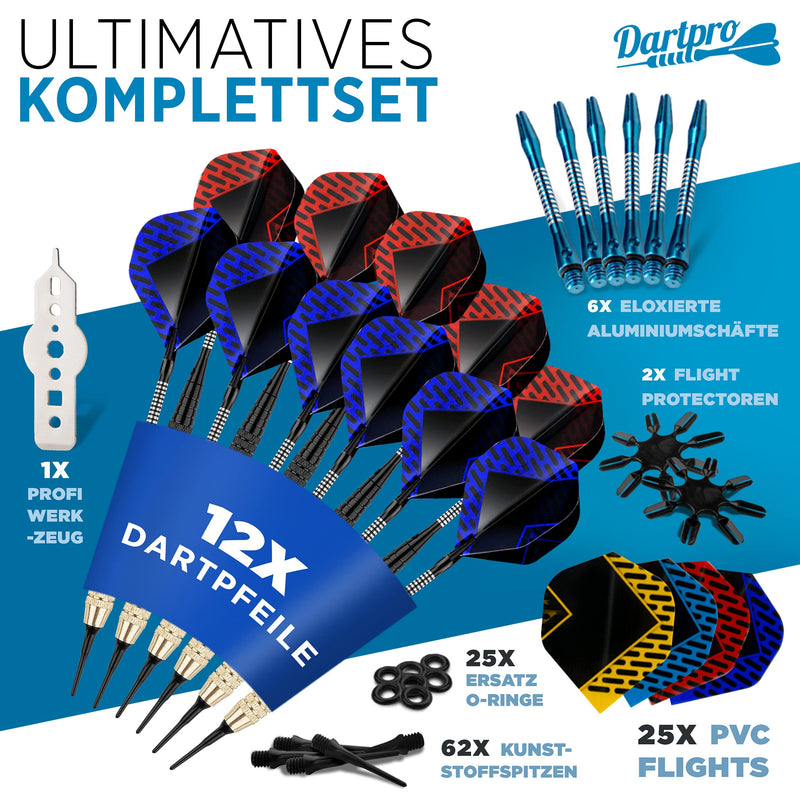 DartPro Dartpfeile mit Kunststoffspitze – 12 Dartpfeile für elektronische Dartscheibe [18g] – Softdarts Set [inkl. 6 Alu Dart Schaft + 21 Dart Flights]