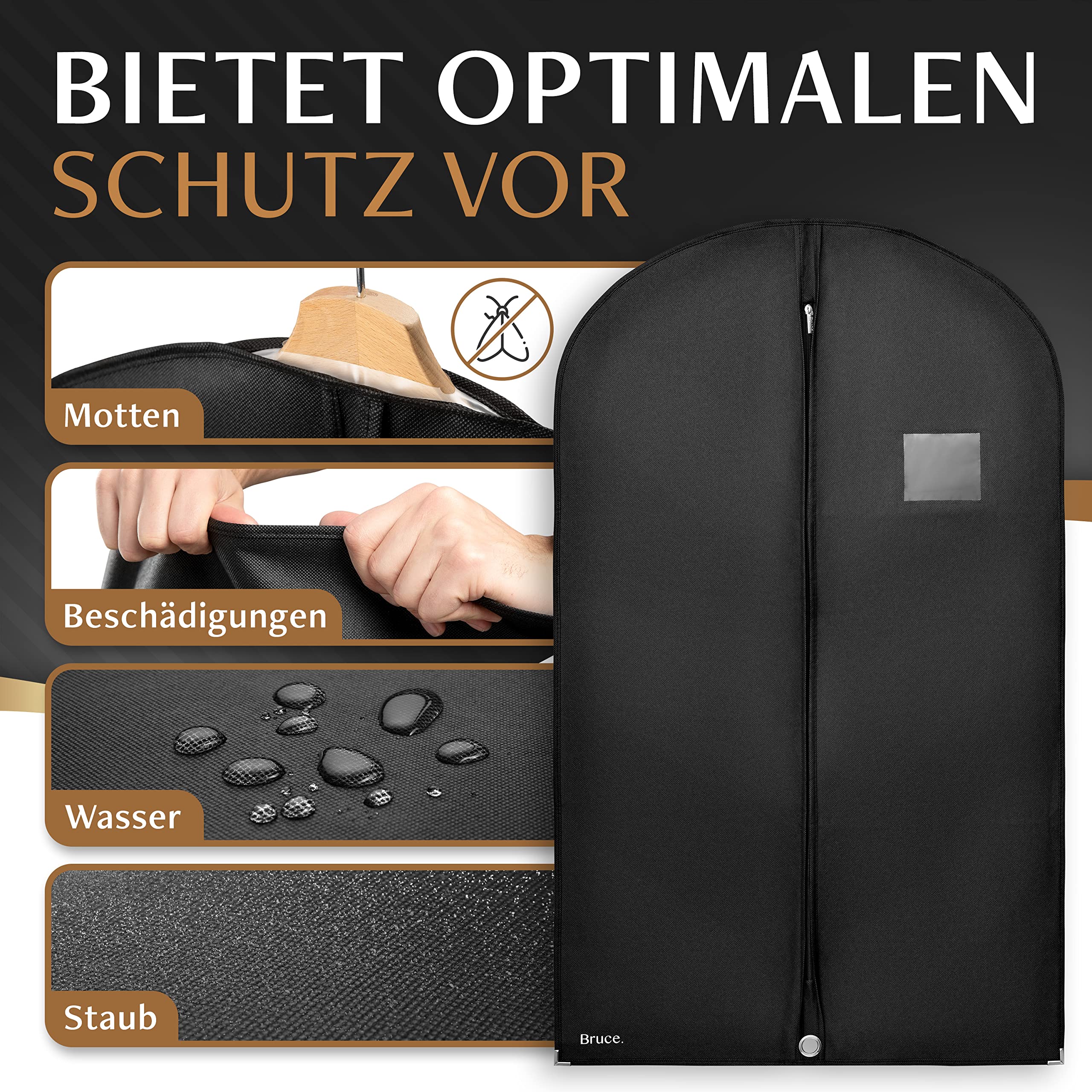 Bruce.® Premium Kleidersack | 120 x 60 cm | Hochwertige Kleiderhülle für Anzug, Jacke und Kleid | Atmungsaktive Anzugtasche für Reisen und Aufbewahrung