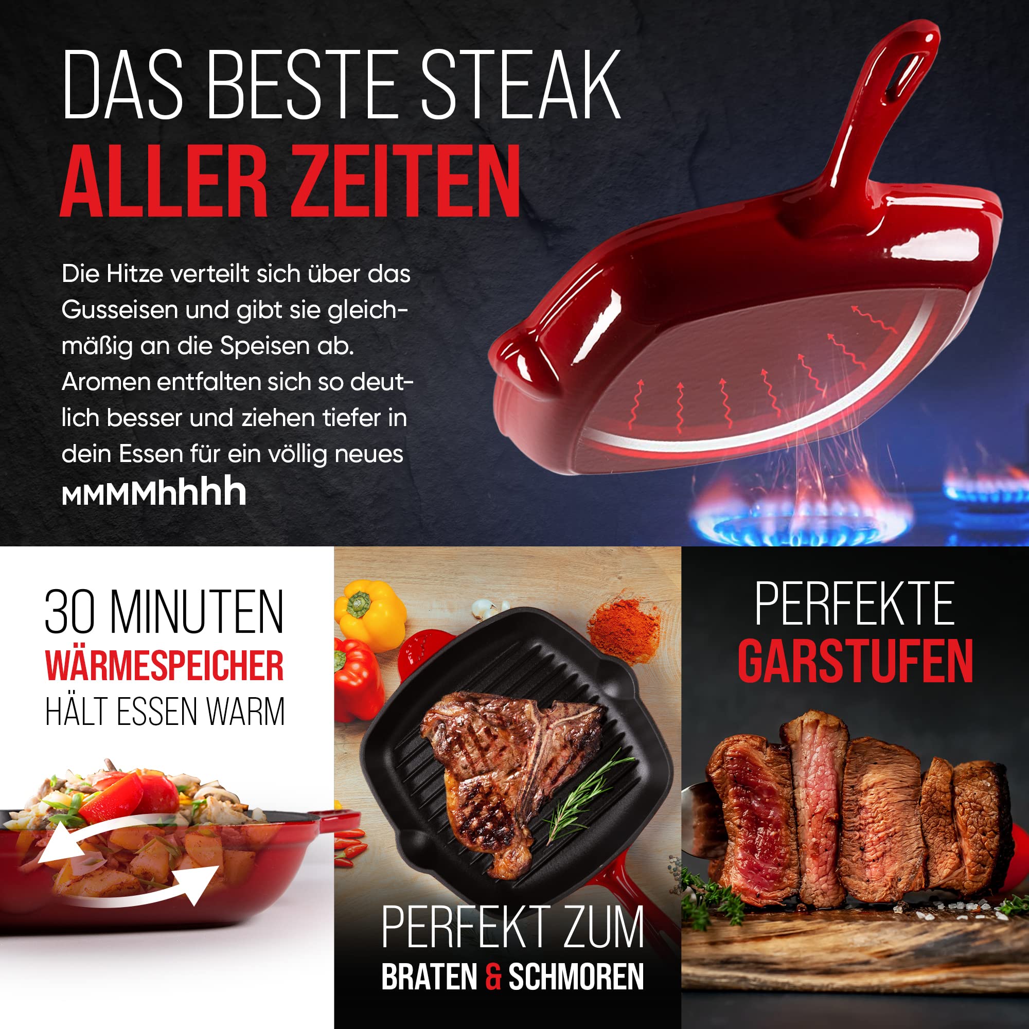 Oakfire Grillpfanne Bratpfanne Gusseisen emailliert 30 cm Induktion Pfanne gusseisern mit Non-Stick Patina, Emaille (Rot)