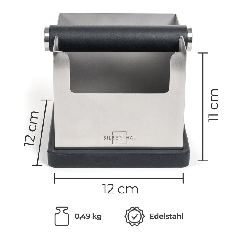 SILBERTHAL Abklopfbehälter für Siebträger Edelstahl - 2 in 1 Tamperstation und Abschlagbehälter mit Silikonstange