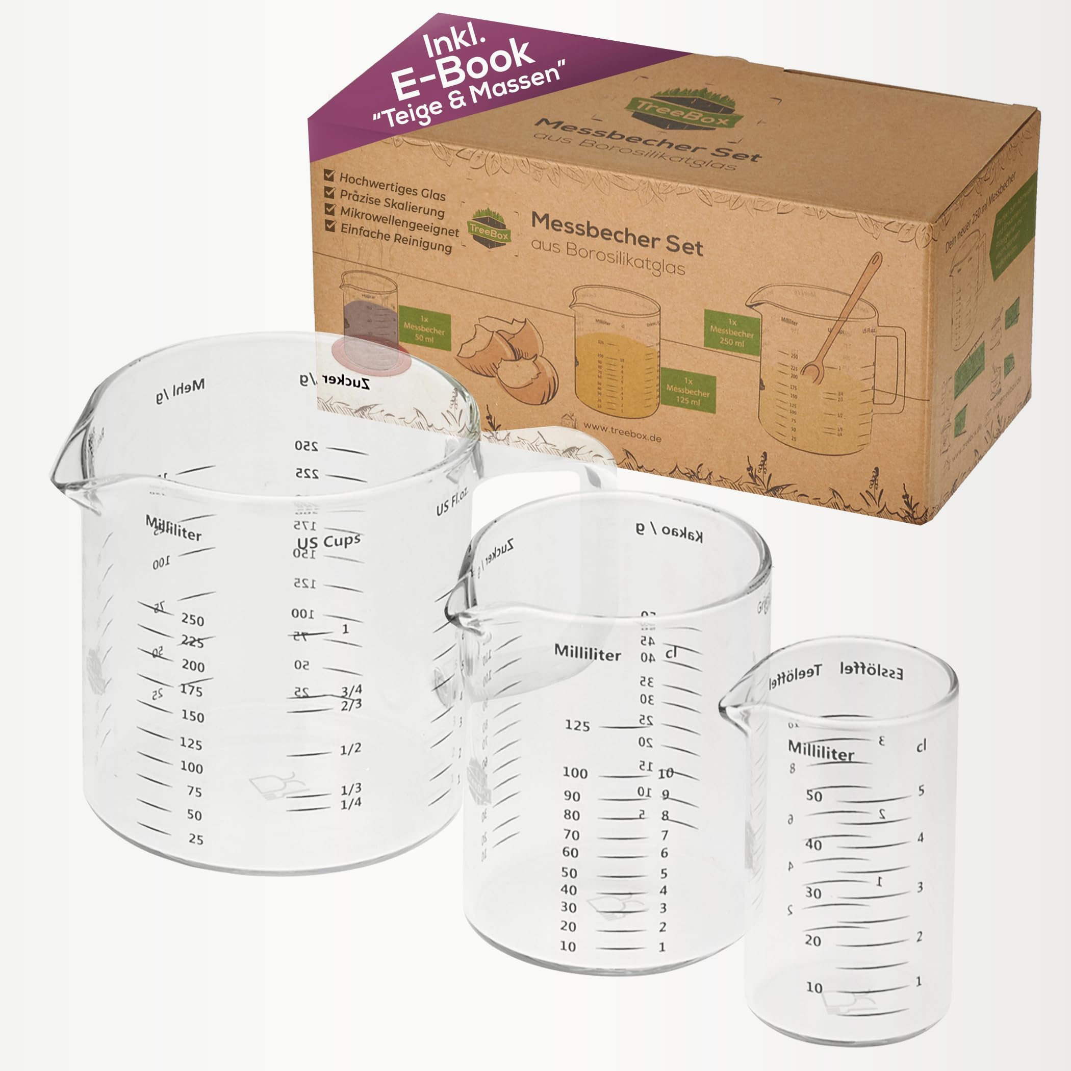 TreeBox Messbecher glas - Messbecher klein -3er Set (250ml, 125ml & 50ml) - Robuste und hitzebeständige Messbecher Set aus Borosilikatglas - Mikrowellengeeignet -Perfekt zum Backen und Mischen