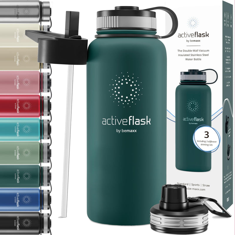 Trinkflasche Edelstahl ACTIVE FLASK + Strohhalm (3 Deckel) BPA-frei, Auslaufsicher, Kohlensäure geeignet - Wasserflasche Fahrrad Thermosflasche Isoliert Isolierflasche Sport Wasser Flasche Kinder Tee