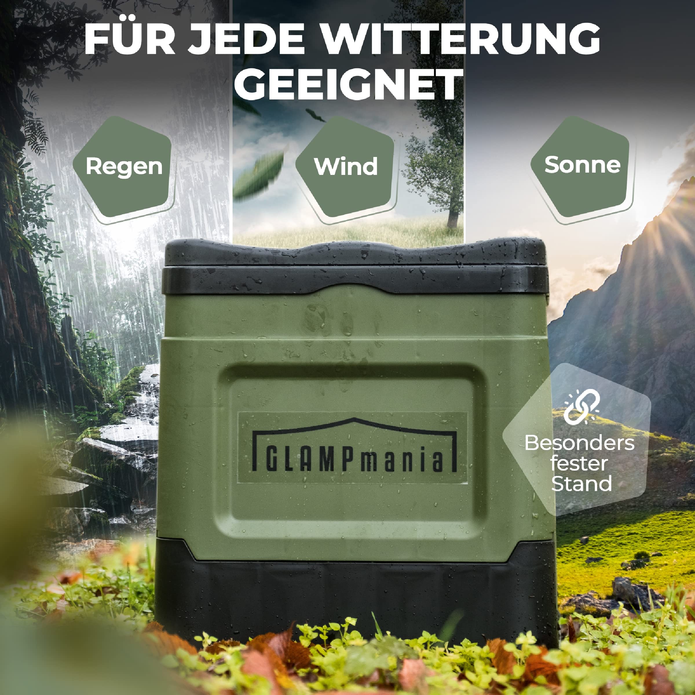 GLAMPmania Campingtoilette ohne Chemie [SEHR STABIL] für Tüten | Platzsparend, Flexibel und Clean | Die Mobile Toilette für Outdoor Camping, Festival, EDC, Zelten | Grün