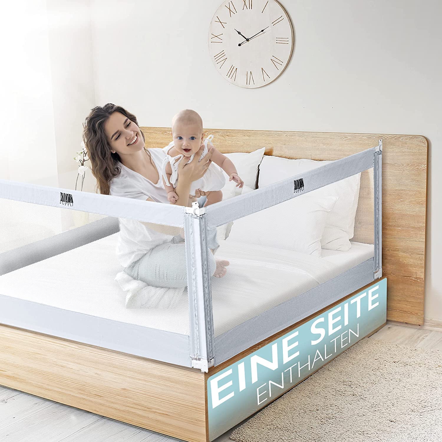 Kids Supply Bettgitter [180x80cm ] - Sicheres & höhenverstellbares Bettschutzgitter [70-90cm] - Rausfallschutz Bett für Kinder Bett & Elternbett [Eine Seite]