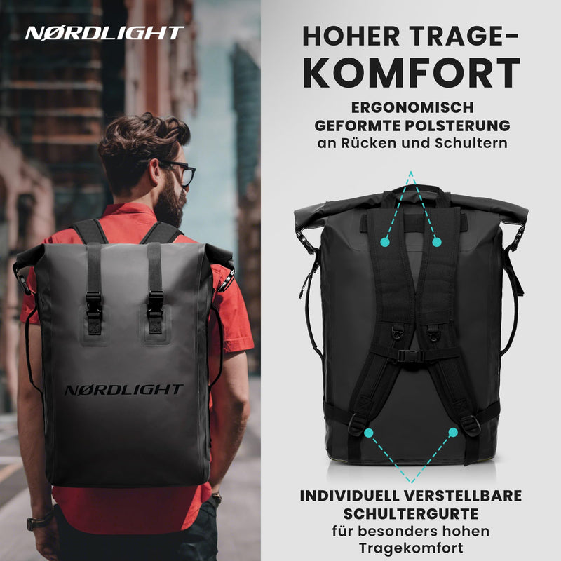 Nordlight Dry Bag 35l - (Schwarz) Roll Top Rucksack mit gepolstertem Tragegurt, wasserdichte Tasche für Wassersport, Fahrrad, Kurierrucksack, Trekking, Angeln