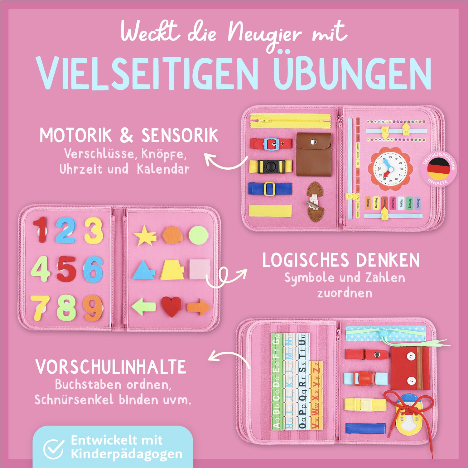 Famifidus Busy Board Deutsch - Unser Montessori Spielzeug für die Entwicklung deines Kindes I Das Activity Board als tolles Geschenk & super Reisespielzeug