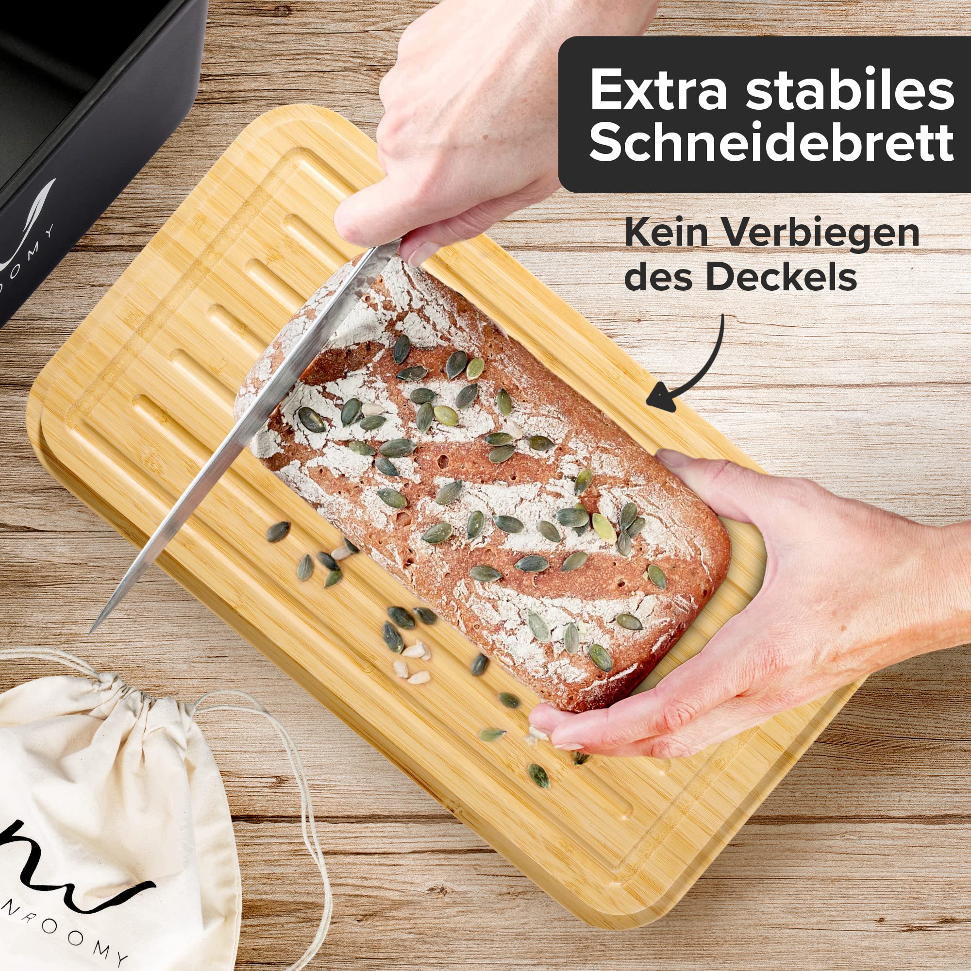 Munroomy Brotkasten mit Schneidebrett & Baumwoll-Beutel - gegen schimmeln & austrocknen - ideal zum Brötchen & Brot aufbewahren - Brotbox mit Deckel