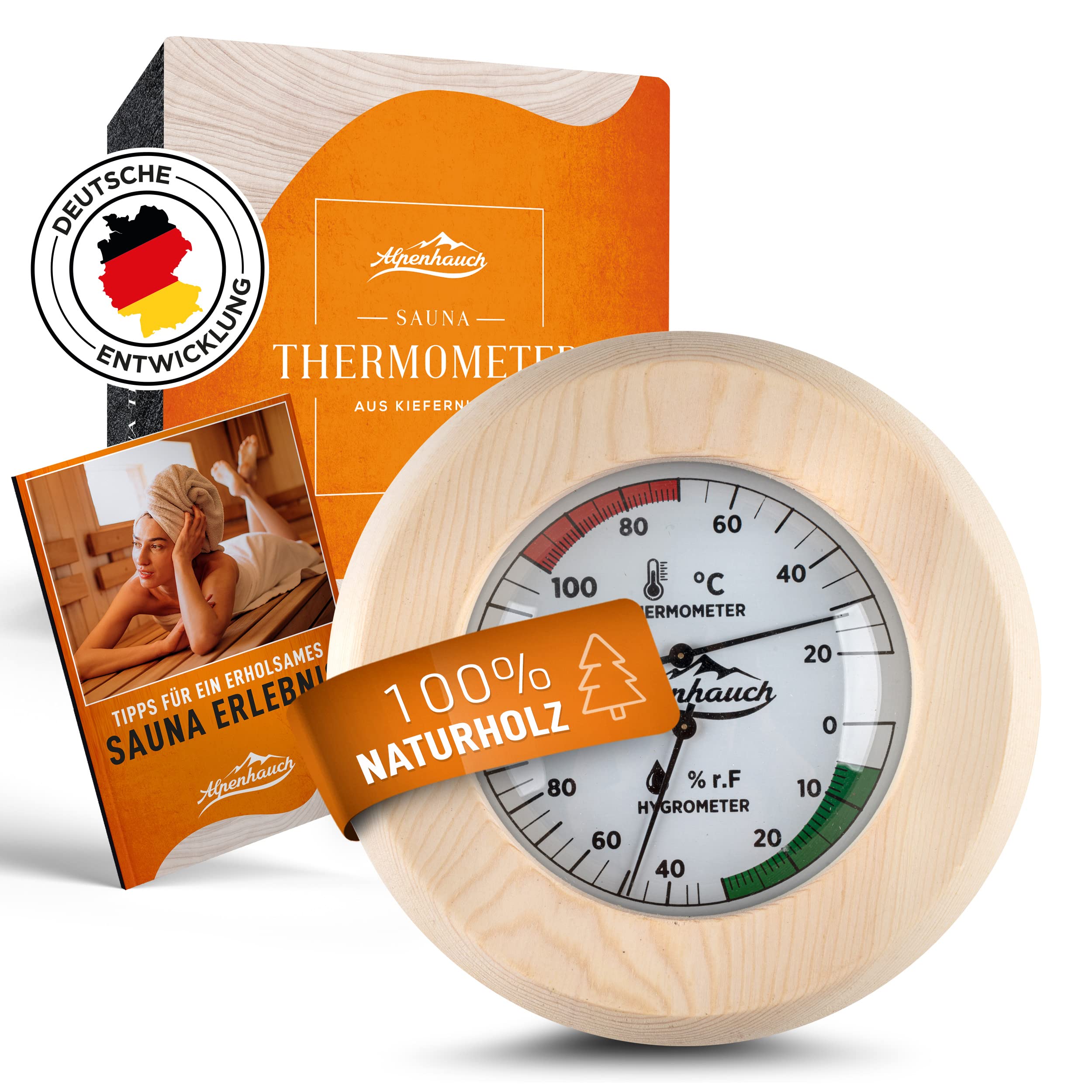 ALPENHAUCH Sauna Thermometer Hygrometer Holz [2in1 Funktion] - Besonders präzises Saunathermometer mit gehärtetem Glas - Automatische Kalibrierung - Edles Sauna Zubehör - Hygrometer Thermometer Sauna