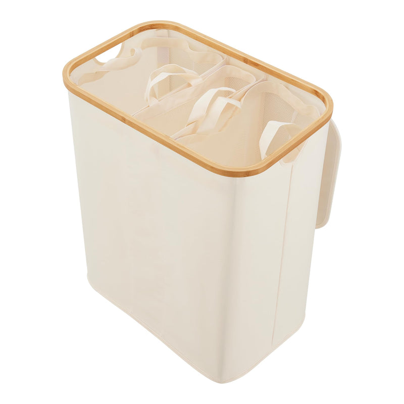 [en.casa] Wäschekorb Rusko Wäschebox mit Deckel Wäschesortierer Wäschesammler 3 Fächer Herausnehmbar Laundry Basket Atmungsaktive Wäschesäcke Klappbar 140L Bambus Beige