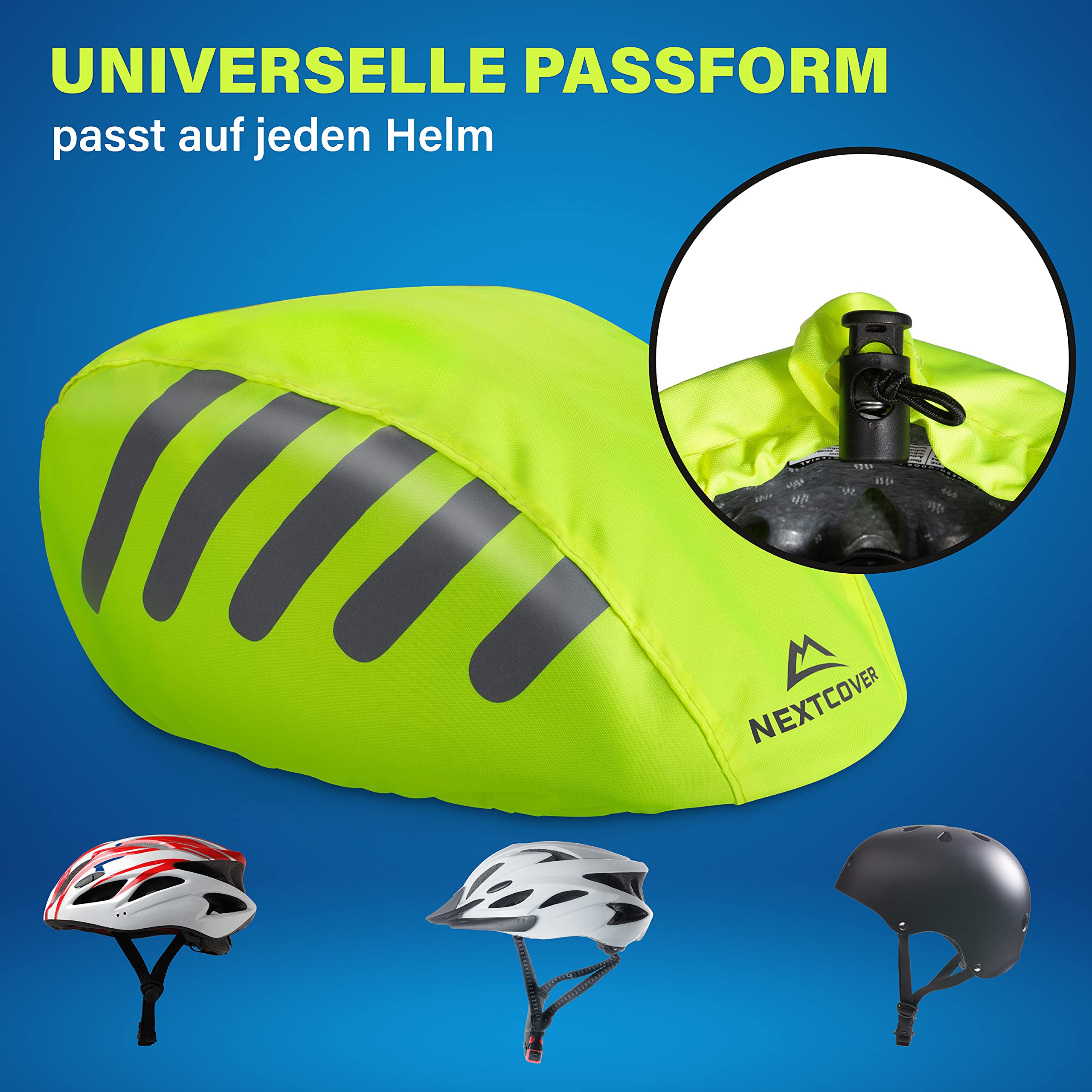 Nextcover Universal Fahrradhelm Regenschutz I 100% Wind- & Wasserdichter Helmbezug I Reflektierende Fahrrad Regenhaube passend für alle Helme I Helm Überzug