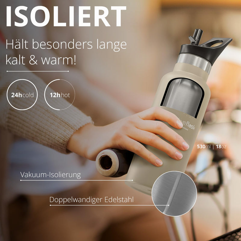 Trinkflasche Edelstahl mit Strohhalm, Infuser + 3 Deckel: BPA-frei, Auslaufsicher, Kohlensäure geeignet - Wasserflasche Fahrrad Thermosflasche Isoliert Isolierflasche Sport Wasser Flasche Kinder Tee