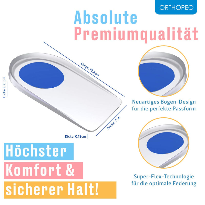 ORTHOPEO Premium Fersensporn Einlagen I Fersenpolster I Fersenkissen für Schuhe I Gel Silikon Einlagen Fersensporn Herren I 2 Paar Geleinlagen für die Ferse I Orthopädische Gelkissen I L10.8 cm B 7 cm