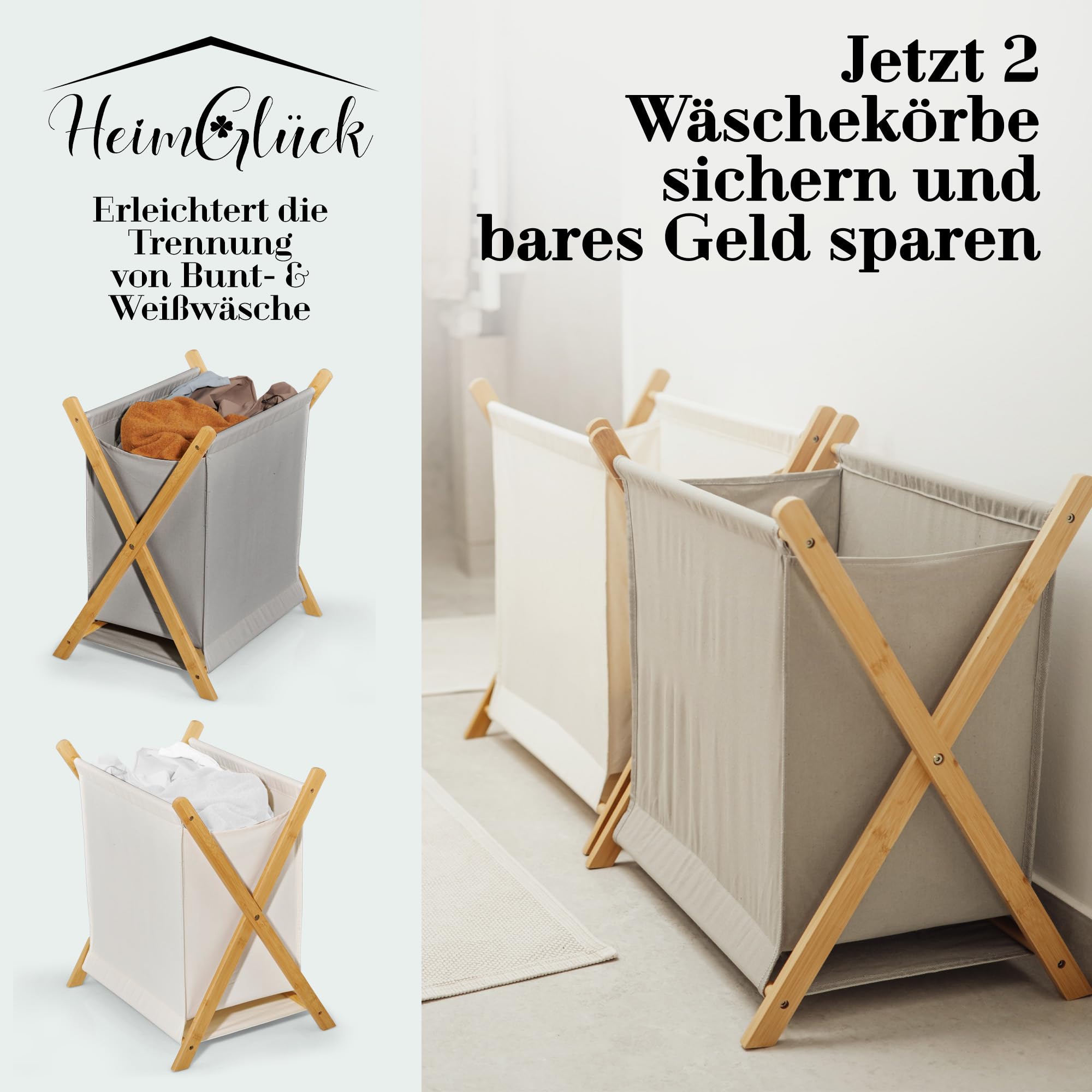 HeimGlück Wäschekorb - Wäschesammler grau [60l Halbleinen-Bambus Wäschekorb faltbar] nachhaltiger Wäschekorb klappbar, Wäschesortierer, Wäschetrenner, Wäschebox, laundry organizer | jetzt anschauen