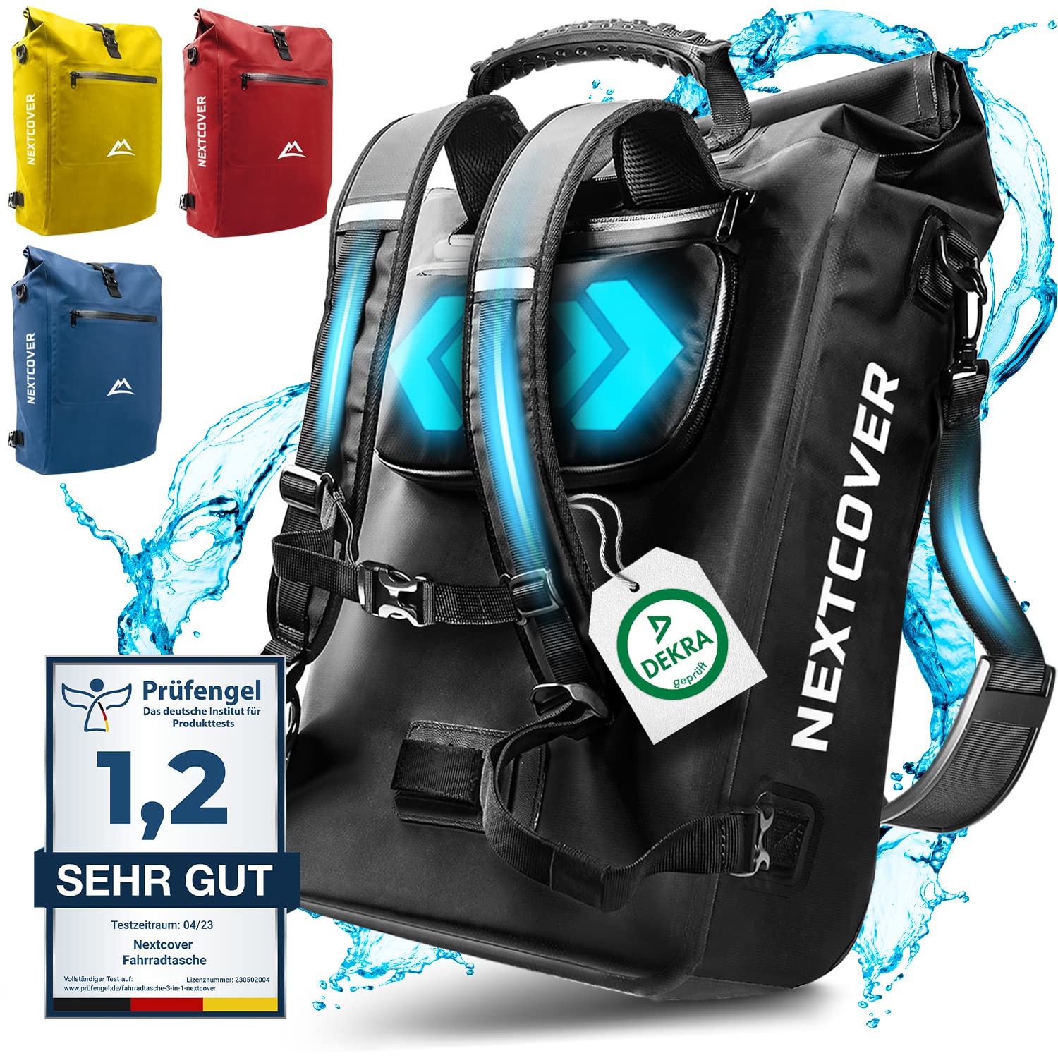 Nextcover® NEU 3in1 Fahrradtasche für Gepäckträger [Aquashield] - Verwendbar als Gepäckträgertasche, Rucksack und Umhängetasche [25 Liter] inkl. Laptoptasche I wasserdichte Fahrrad Tasche (Schwarz)