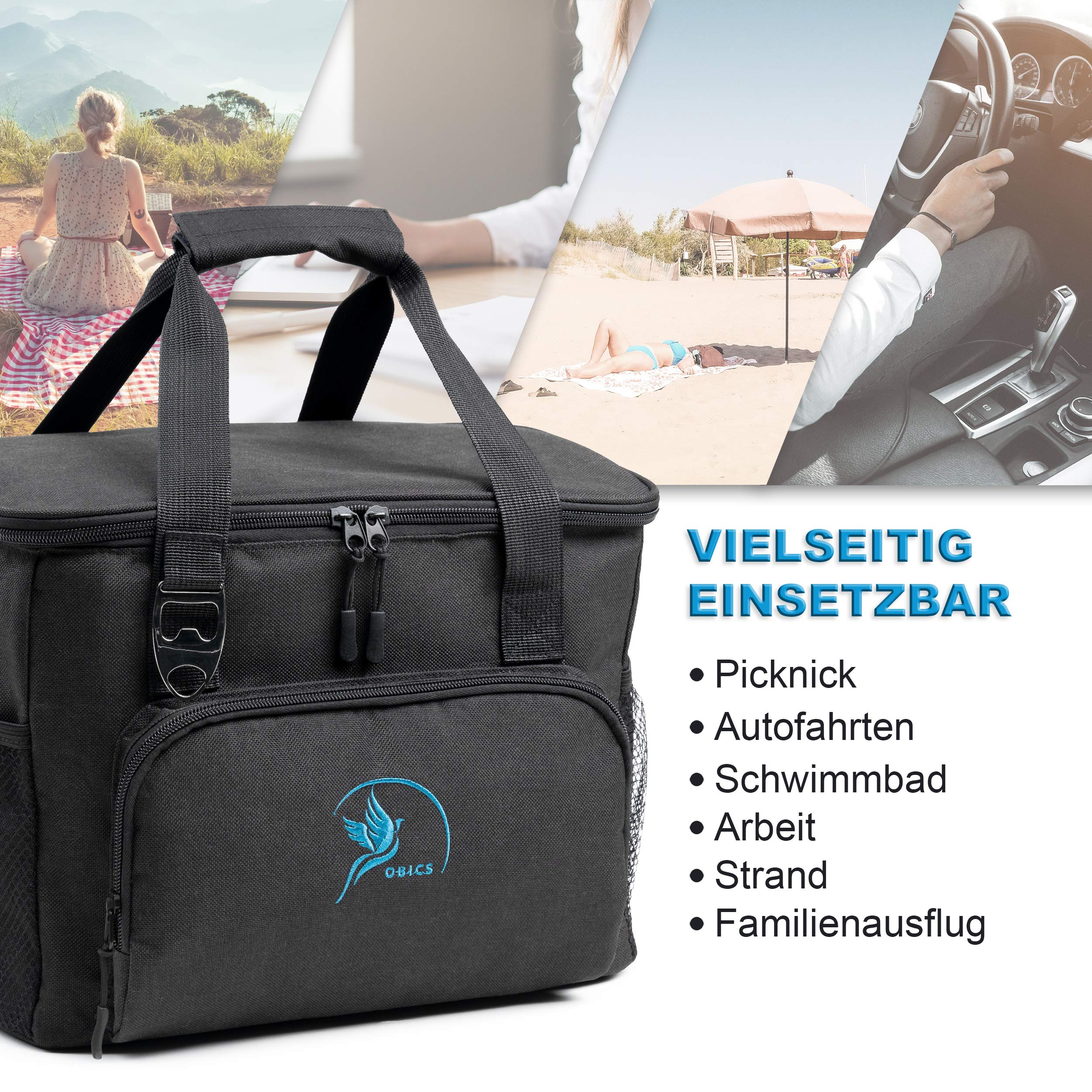 Obics Kühltasche klein 20l Kühlbox unterwegs mit Kühl-Akku - Isoliertasche Gefriertasche schwarz ohne Strom passiv Picknicktasche - Thermotasche Essenstasche Camping, Auto & Fahrrad isoliert Lunchbag