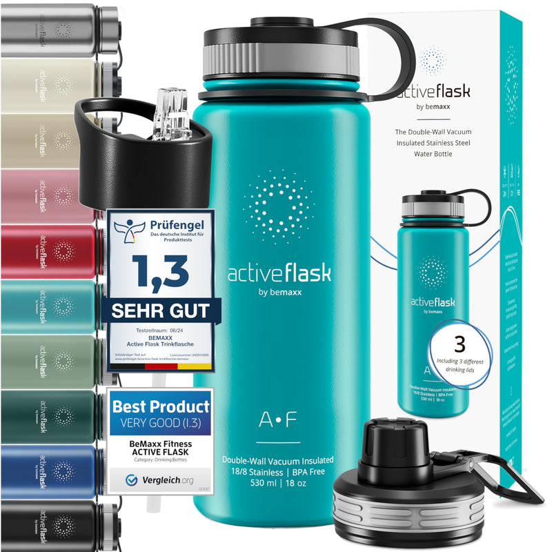 Trinkflasche Edelstahl ACTIVE FLASK + Strohhalm (3 Deckel) BPA-frei, Auslaufsicher, Kohlensäure geeignet - Wasserflasche Fahrrad Thermosflasche Isoliert Isolierflasche Sport Wasser Flasche Kinder Tee