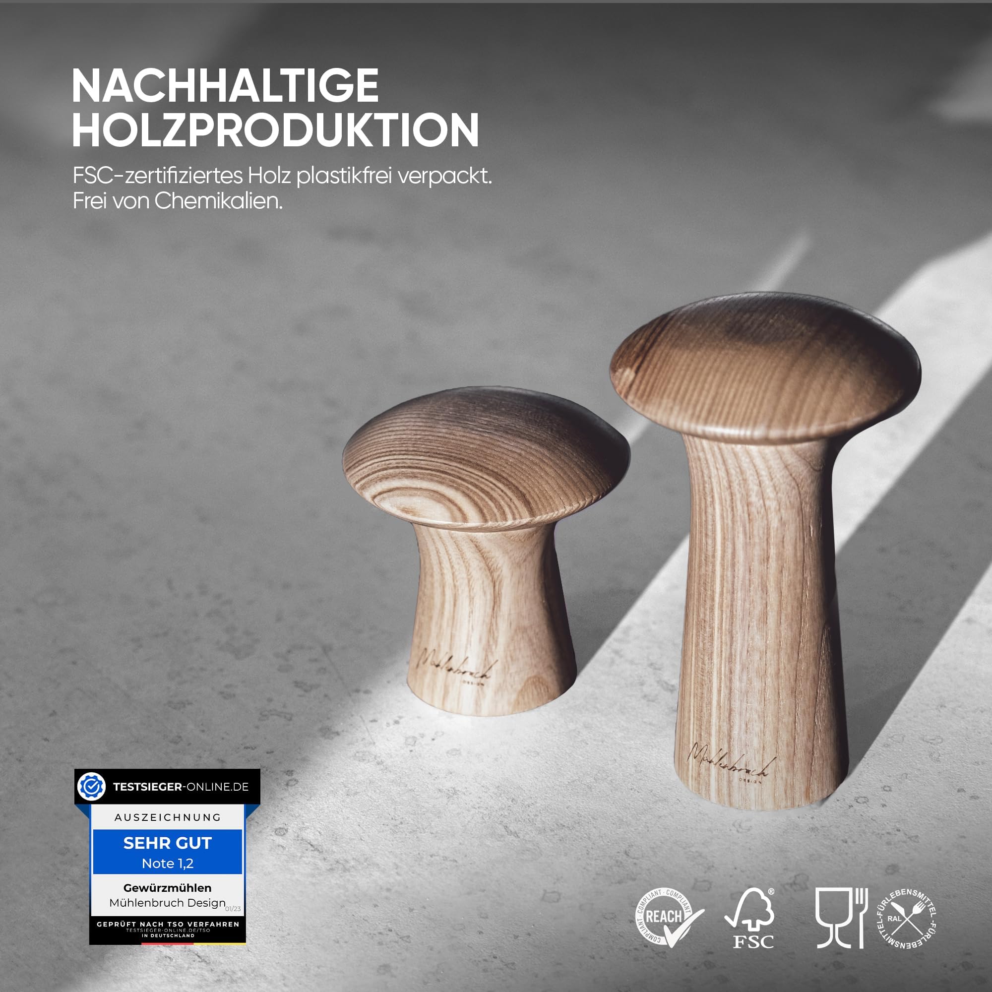 Mühlenbruch Design Salz und Pfeffermühle FSC HOLZ 15cm - 2er Set mit Pfeffer und Salzmühle - Manuelle Gewürzmühle Keramikmahlwerk - Küchenhelfer Geschenkidee Weihnachten - Esche - Pilzform Deko