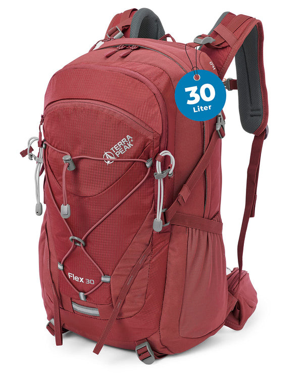 Terra Peak Wanderrucksack 30L Flex 30 Herren Damen rot - Outdoor Tages-rucksack zum wandern - Daypack leicht wasserdicht Sport-aktivitäten - ergonomischer Rucksack mit abnehmbarem Hüftgurt Erwachsene