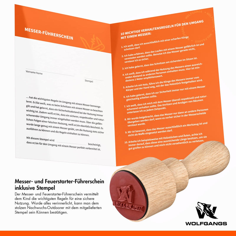 Wolfgangs W-KIDS - Schnitzmesser Kinder mit Süßem Kindermesser Führerschein - Outdoor Kinder Messer Set mit Scheide und Feuerstahl - DAS Kinder Schnitzmesser für das erste große Abenteuer