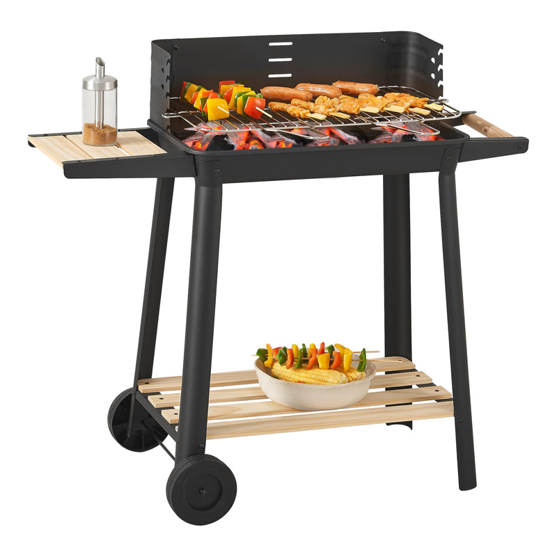 casa.pro Grillwagen Ari Holzkohlegrill BBQ Grillrost aus emailliertem Edelstahl Gartengrill 2 Räder Windschutz mit Grillrosthöhenverstellung 78x86x30cm Schwarz/Holz