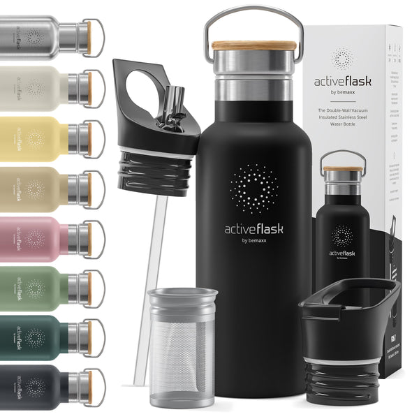 Trinkflasche Edelstahl mit Strohhalm, Infuser + 3 Deckel: BPA-frei, Auslaufsicher, Kohlensäure geeignet - Wasserflasche Fahrrad Thermosflasche Isoliert Isolierflasche Sport Wasser Flasche Kinder Tee