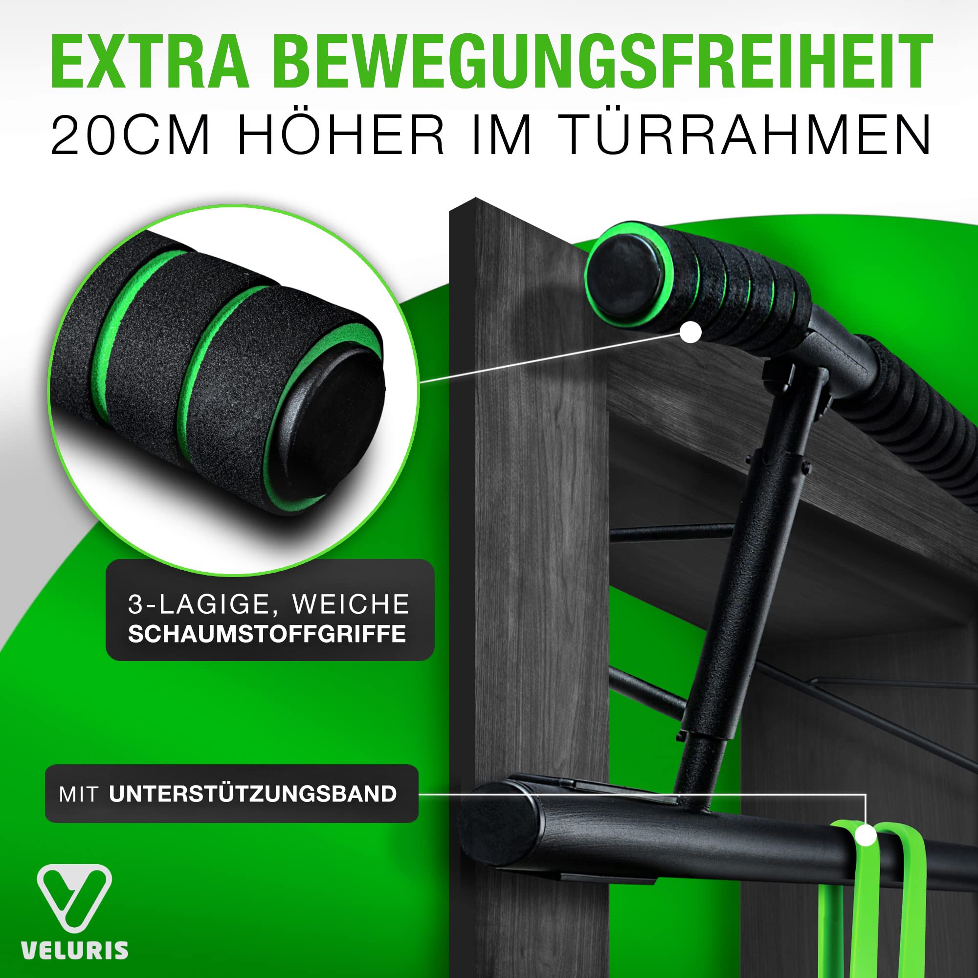 Veluris Klimmzugstange Türrahmen - Stark belastbare Pull up bar [bis 200 KG]- Türreck ohne Aufbau - 20 cm höher im Rahmen - Auch für Dips&Push Ups (abgerundet)