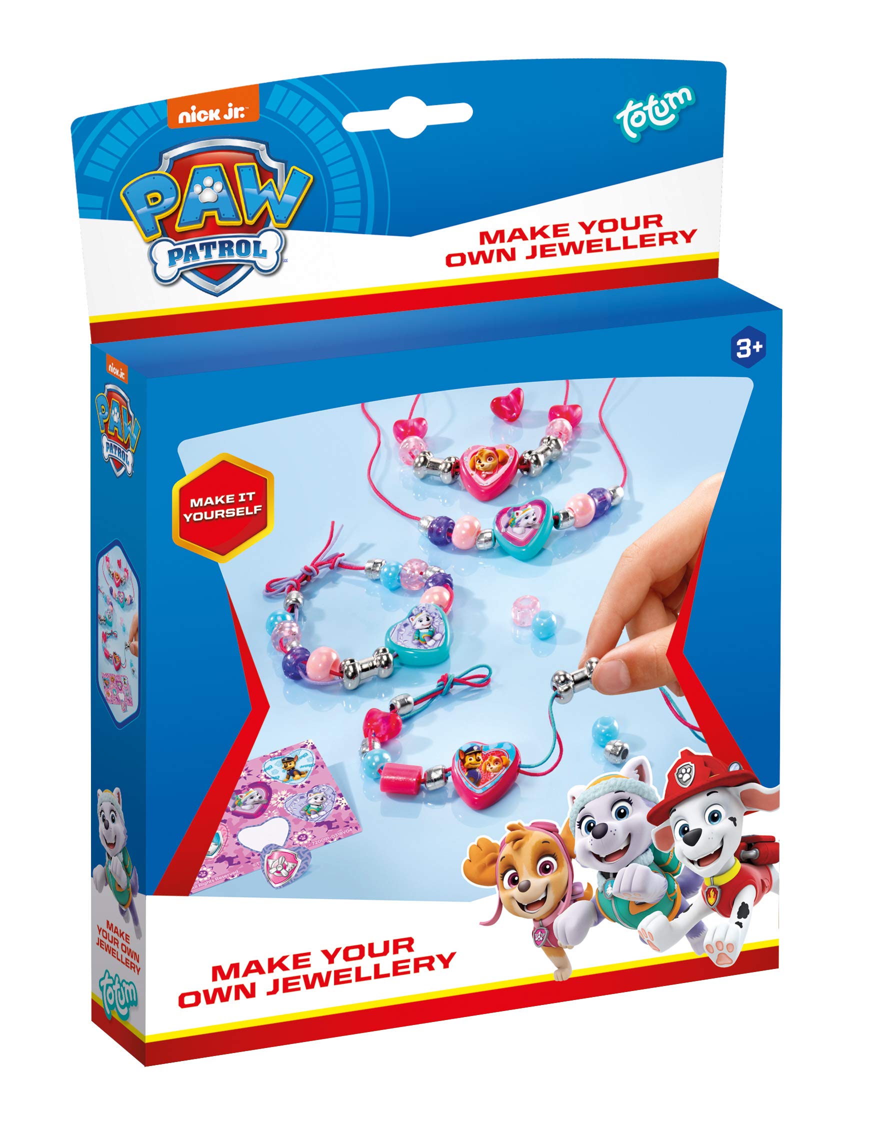 Paw Patrol Schmuck-Set basteln mit 3 farbigen Bändern, Motivperlen, Perlen in Herzform, Metallperlen in Knochenform, silbernen Perlen, Motiv-Sticker