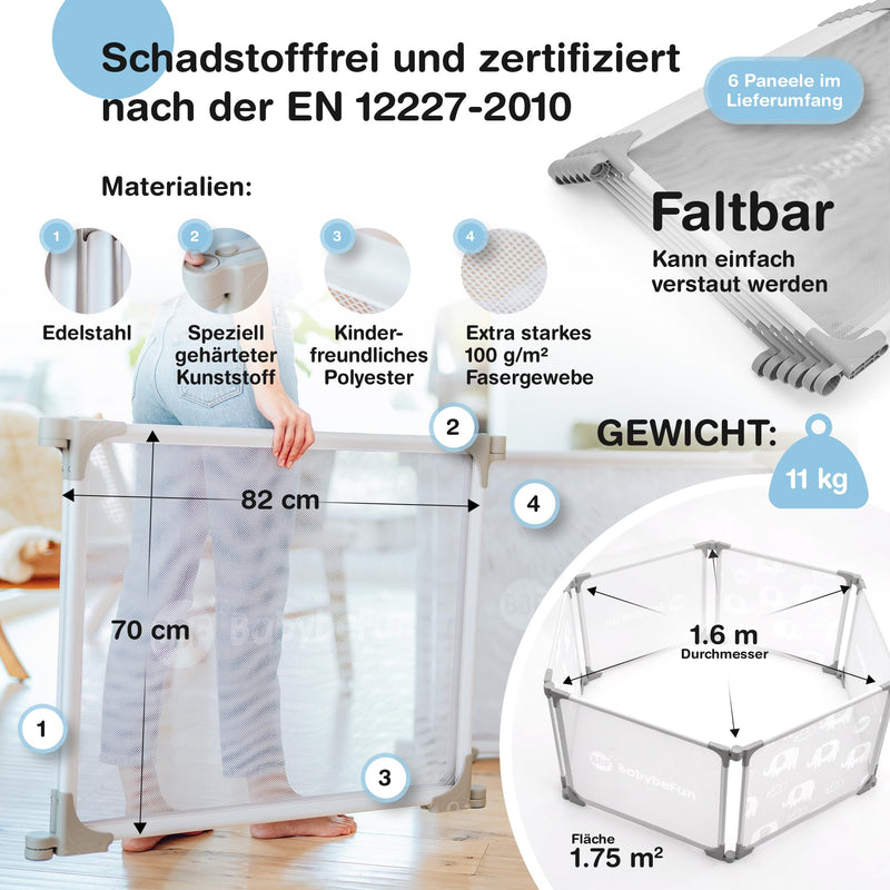 BabybeFun Laufstall Baby [Extra Stabil] Laufgitter faltbar Kaminschutzgitter/Kinderschutzgitter zum Kochen Putzen Entspannen 2-Teilig