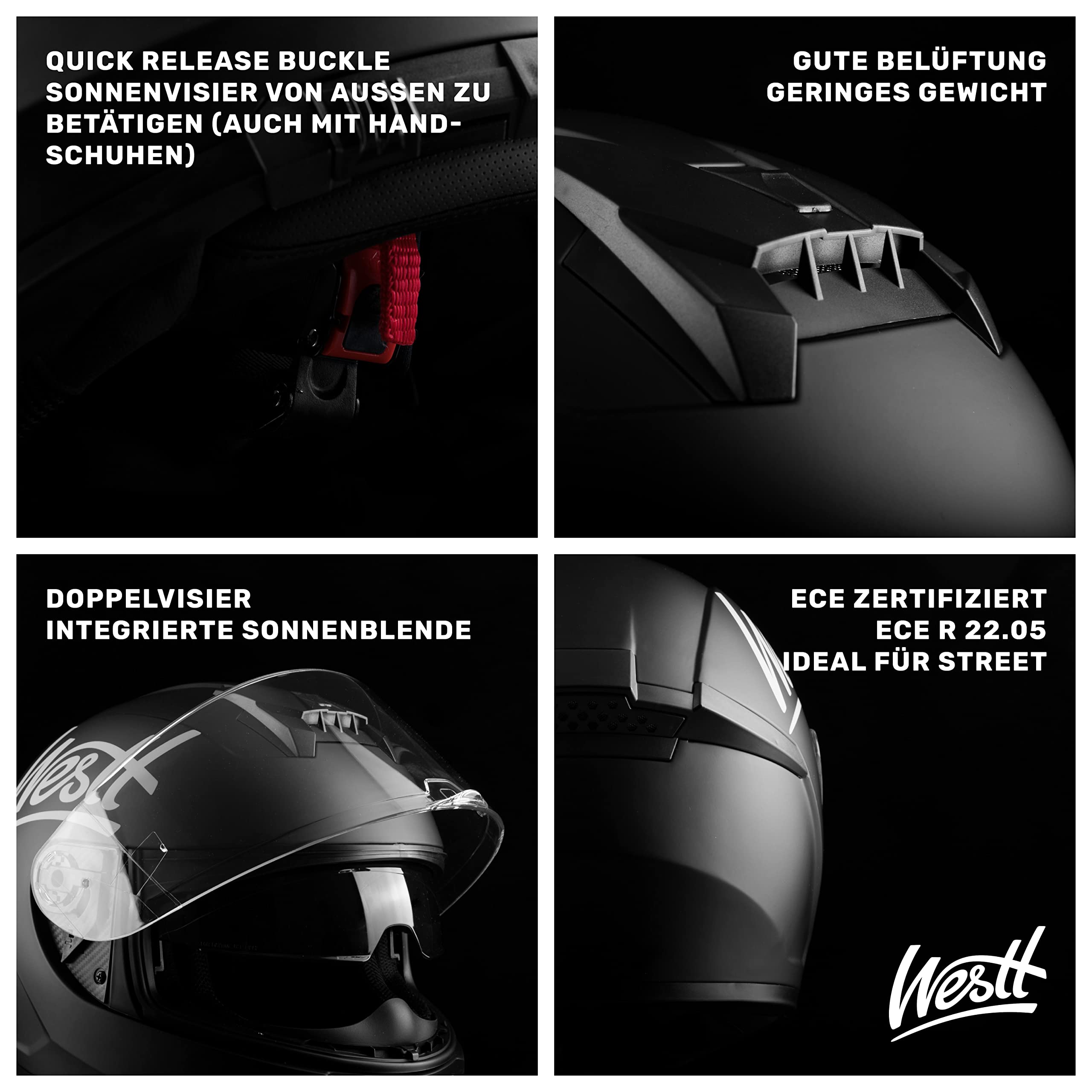 Westt Integralhelm Fullface Helm Motorradhelm mit Doppelvisier Sonnenblende Herren Damen Touring Racing Roller Moped Mofa Scooter Chopper Helm Motorrad mit ECE DOT Zertifizierung, grau, M (55-56 cm)