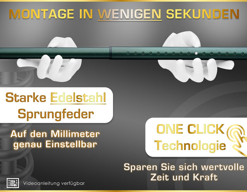 MEISENBERG Gardinenstange Ohne Bohren 220-270 cm Ø32mm, Grün – Teleskopstange, Klemmstange Ausziehbar, Vorhangstange Zum Klemmen – Ideal für Vorhang & Gardinen