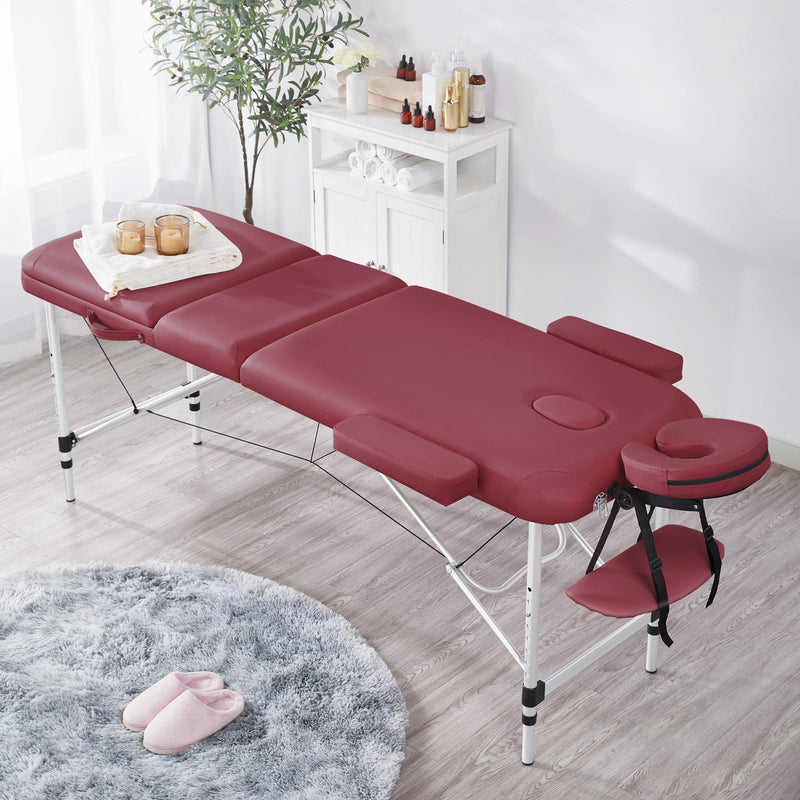 Yaheetech 3 Zonen Massageliege Klappbar & Höhenverstellbar Aluminium Massagetisch inkl. Abnehmbarer Kopfstütze & Armlehnen 60 cm Breit Burgunderrot