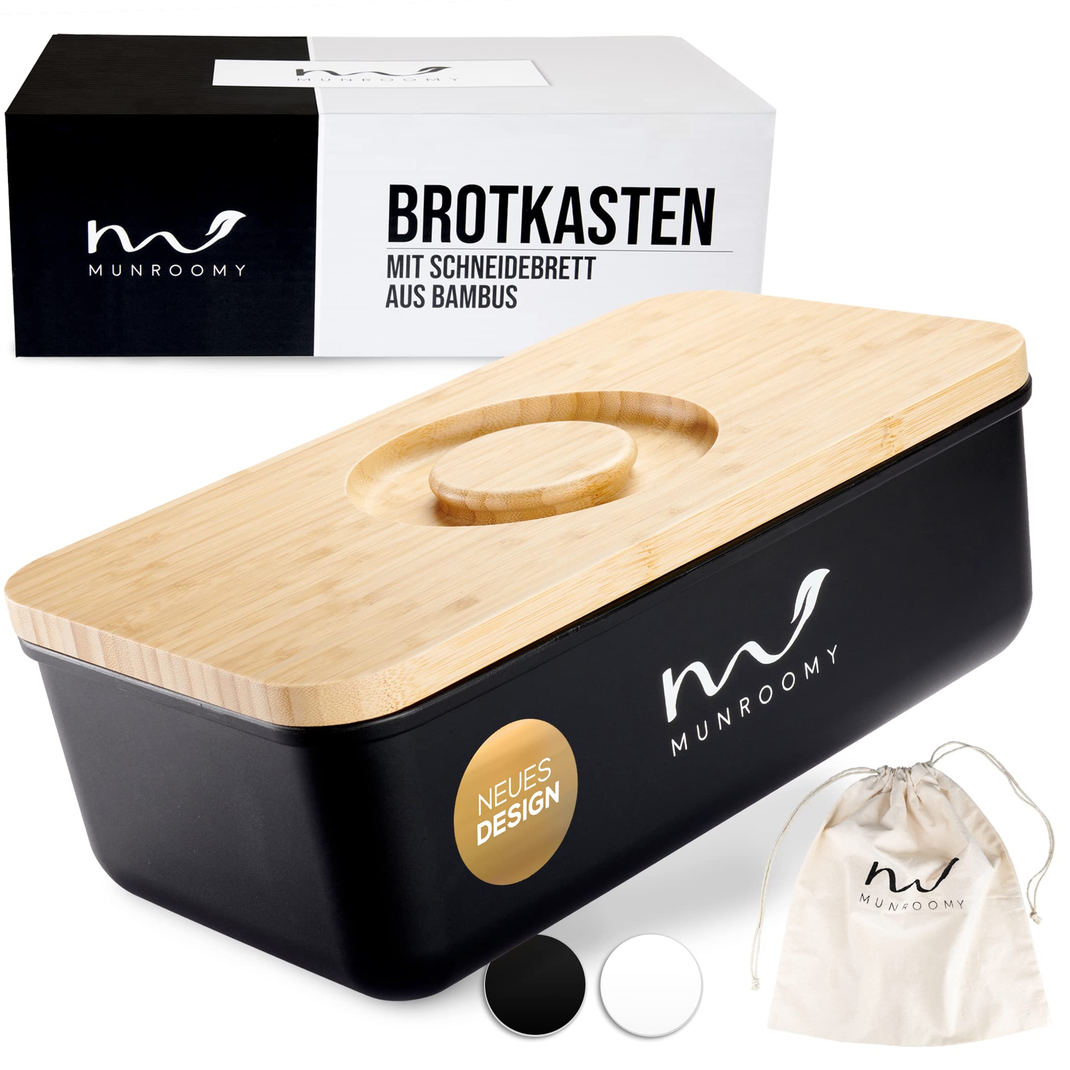 Munroomy Brotkasten mit Schneidebrett & Baumwoll-Beutel - gegen schimmeln & austrocknen - ideal zum Brötchen & Brot aufbewahren - Brotbox mit Deckel