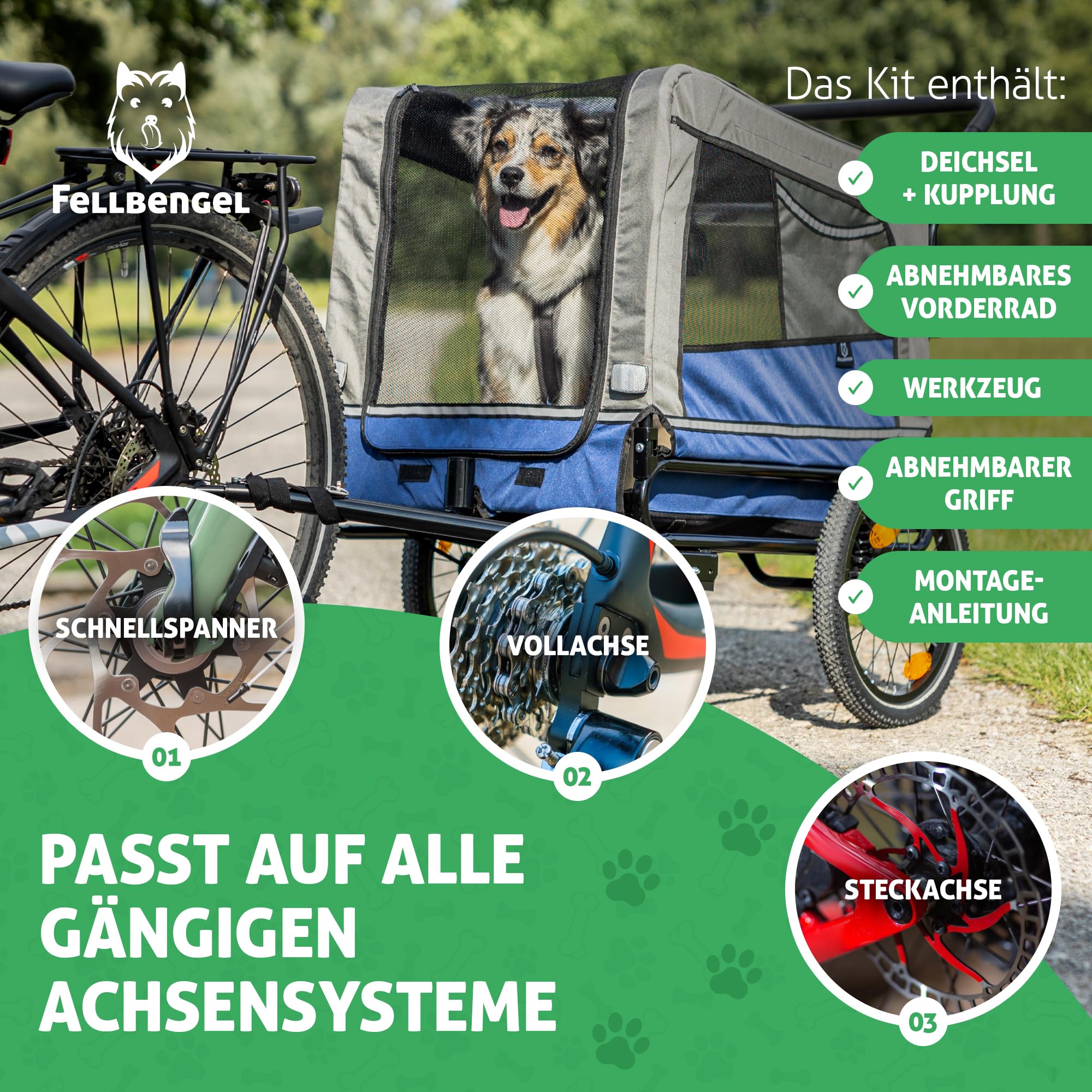 Fellbengel Fahrradanhänger Hunde [E-Bike geeignet] Hundeanhänger für Fahrrad Hundeanhänger gefedert, 2 in 1 Hundefahrradanhänger Hundebuggy bis 40kg - inkl. Kupplung und Luftreifen - faltbar