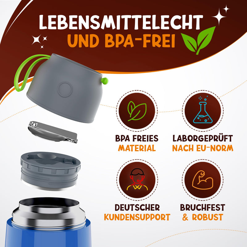 FUNKELFUCHS® Thermobehälter für Essen Kinder – 500ml, Blau Dino – 100% auslaufsicher - Warmhaltebehälter Essen Edelstahl – Thermobecher Essen – Thermo Lunchbox Kinder – Warmhaltebehälter Babybrei