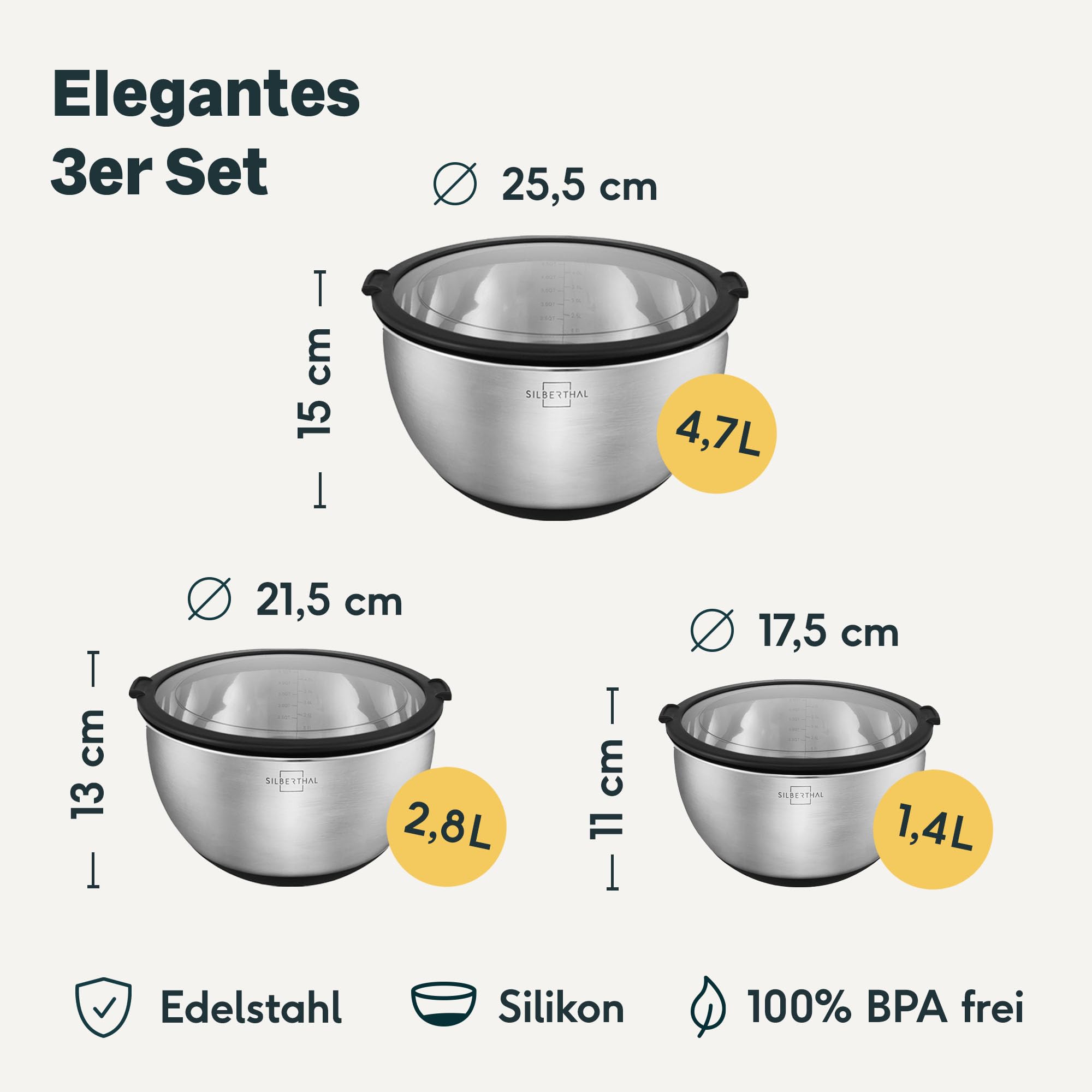 SILBERTHAL Edelstahl Schüssel Set mit Deckel - 3 Stück - Schüsseln zum Servieren, Kochen, Backen, Aufbewahren