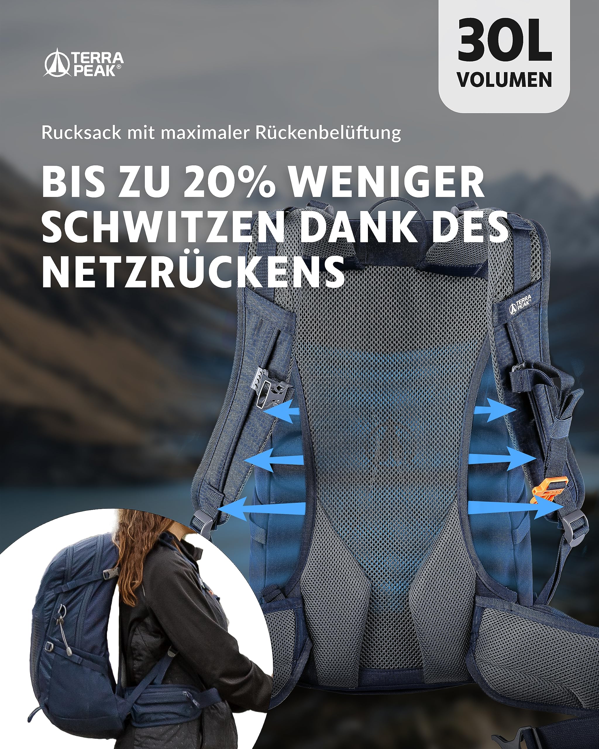 Terra Peak - Wanderrucksack Airant 30 Damen & Herren mit belüftetem Netzrücken blau mittelgross Rückenbelüftung, Trekkingrucksack zum Wandern und Camping mit Trinksystem unisex outdoor Backpack leicht