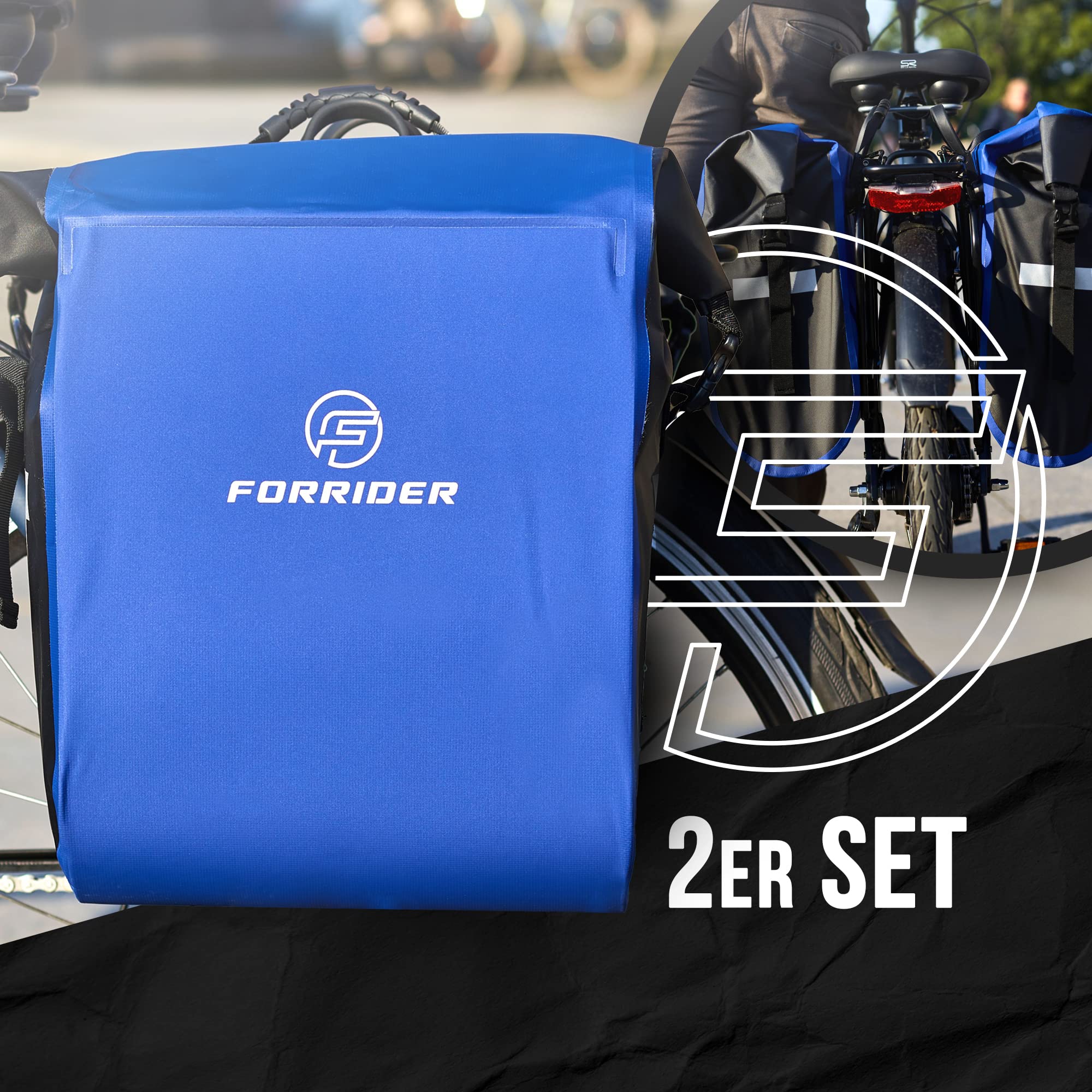 Forrider Fahrradtaschen für Gepäckträger - 100% Wasserdicht [2 Stück] 50L Volumen Premium Fahrrad Gepäckträgertaschen hinten Pack-Taschen Hinterradtaschen (Blau)