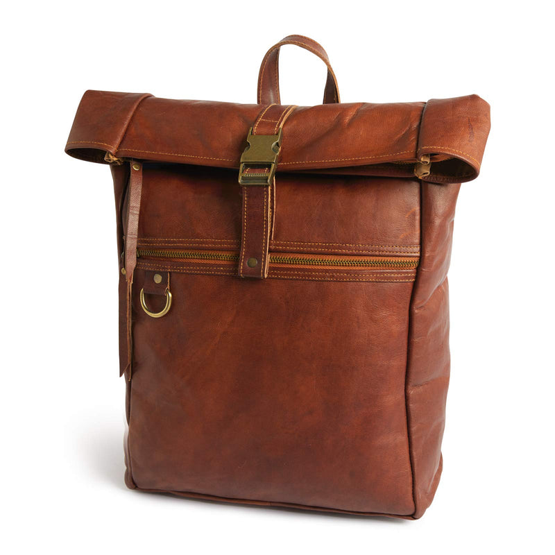 Leather Lane 'Fernando' Rucksack Echtes Leder Vintage Roll Top Kurierrucksack für Damen und Herren Tagesrucksack Fahrradrucksack Laptoprucksack rollbar Naturleder Braun