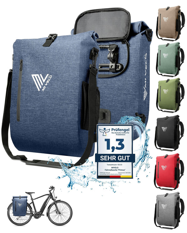 MIVELO - 3 in 1 Fahrradtasche - Rucksack - Schultertasche wasserdicht 100% PVC frei, mit Laptopfach und Schloss, für Fahrrad Gepäckträger 1 STK (Jeans-blau, 20L)